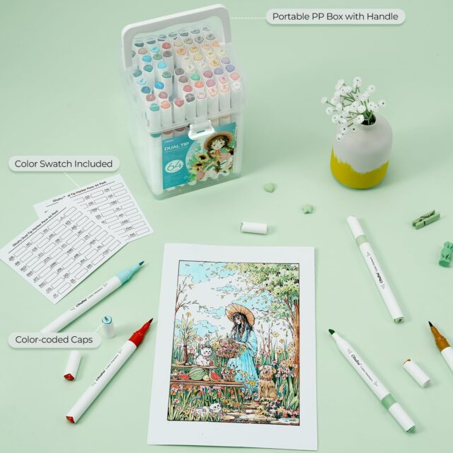 Ohuhu Water-based Coloring Markers Dual Σετ 64 Χρώματα Brush & Chisel - Image 4