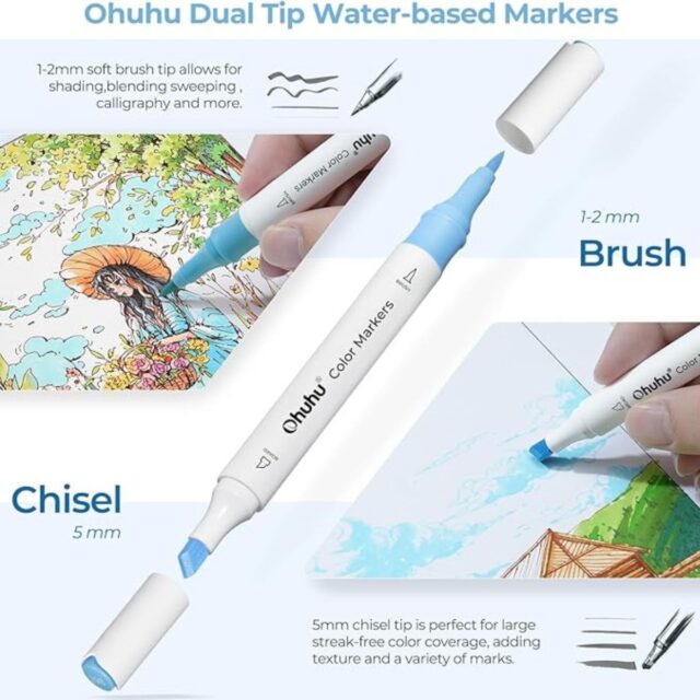 Ohuhu Water-based Coloring Markers Dual Σετ 64 Χρώματα Brush & Chisel - Image 6